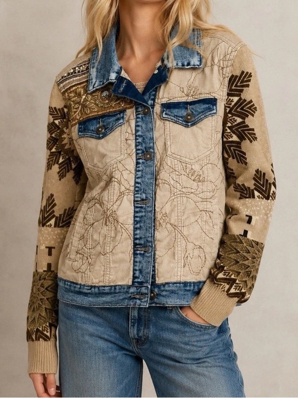 Desigual Eloise Embellished Corduroy Denim Patchwork Boho Jacket EU 40 / US 8